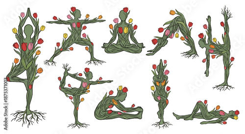 Yoga poses depicted as trees blossoming with vibrant tulips, symbolizing nature's grace and spiritual growth through practice