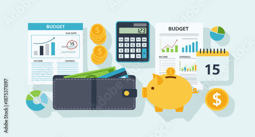Financial planning and budgeting concept with piggy bank, wallet, calculator, and charts