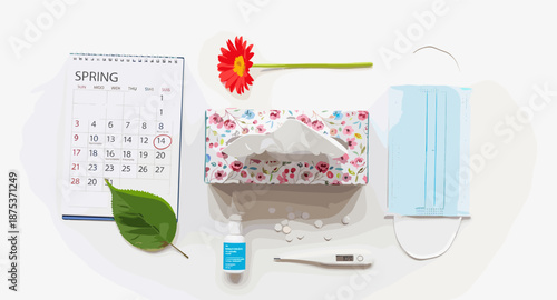Spring allergy season essentials: calendar, tissues, mask, thermometer, and medication
