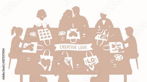 Creative Love Workshop: Diverse people painting heart designs on reusable tote bags, family craft activity, flat vector illustration.