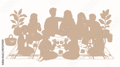 Diverse Group Sharing Heart Cookies and Love. Community, Friendship, and Inclusion Illustration with Multi-Generational People.