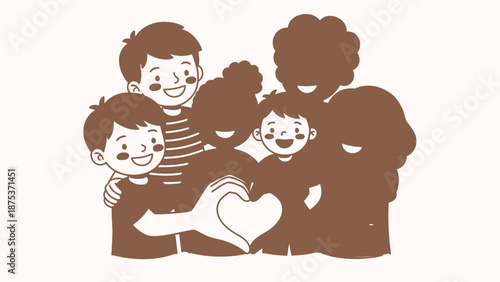 Happy diverse children group forming heart shape with hands, symbolizing friendship, love, unity, and inclusion. Cartoon vector illustration.