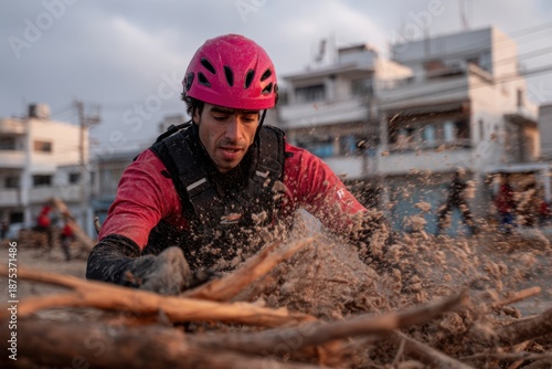 Worker clears debris in a city setting, using gloved hands while dirt and dust fly around from the ground
