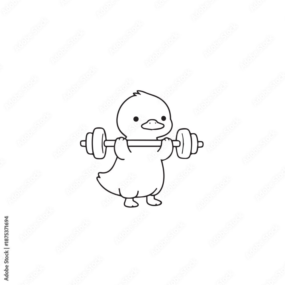 Obraz premium Cute Duck Weightlifting. Adorable black and white line illustration of a duck lifting weights, symbolizing strength, motivation, and playful fitness.
