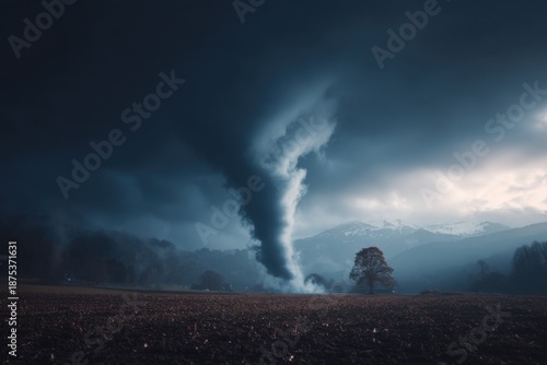 A tornado forms over a rural landscape, with dark clouds above and fields below, during a climate emergency event showcasing nature's power
