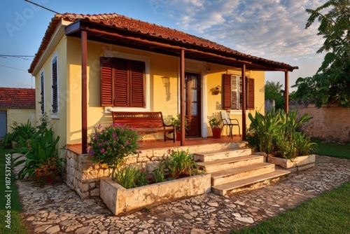A cozy house features wooden shutters and a porch surrounded by plants and flowers in the afternoon sun