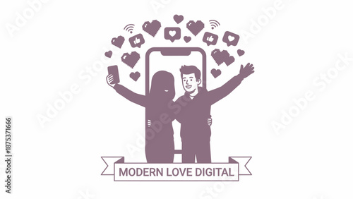 Modern Digital Love: Happy Couple Taking Selfie with Smartphone. Relationship goals and social media likes illustration on white background.