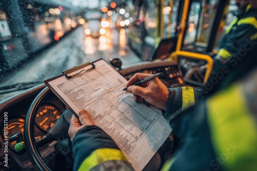 A delivery man is inside a vehicle, holding an invoice and notepad, ready to take notes while observing the busy city street