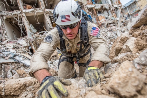 Specialist wearing helmet and gloves removes rubble in a city setting during a rescue training operation focused on disaster response