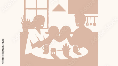 Romantic couple breaking heart-shaped bread together at the kitchen table, symbolizing sharing, love, and partnership. Vector illustration.