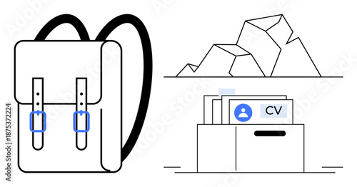 Job search concept. Organized job applications with a filing cabinet for CVs, backpack career journeys, and graph outlines goal setting. For employment, planning, resumes, career growth, organization