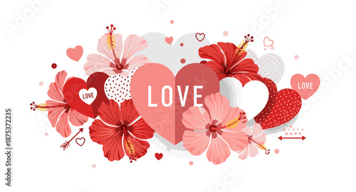 Romantic Valentine's Day hearts and hibiscus flowers illustration with the word love