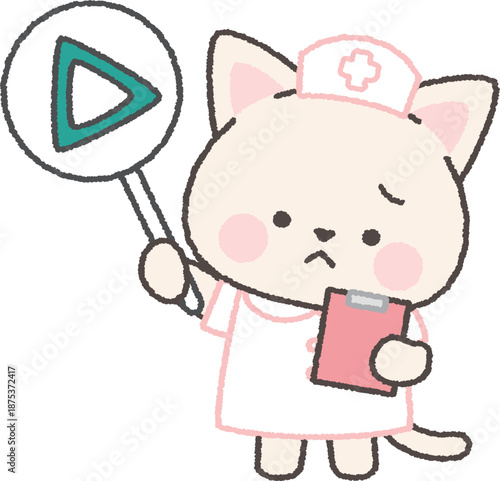 三角印の札を持った白ネコの看護師