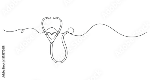 Minimalist one line art of medical stethoscope and heart symbol for healthcare