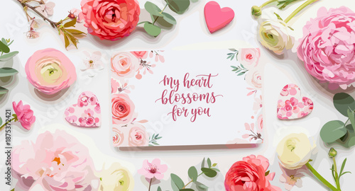 Beautiful floral arrangement with hearts and a card saying 'my heart blossoms for you'
