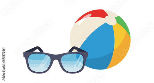 Summer vacation essentials: sunglasses and a colorful beach ball on a white background