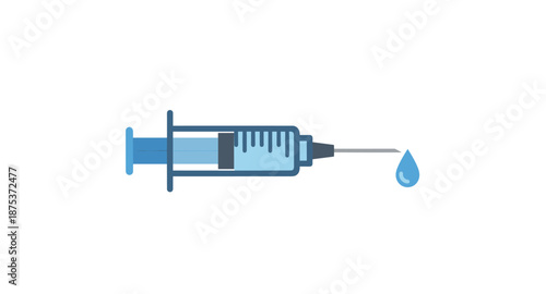 Medical syringe with a drop of liquid falling from its needle, isolated on white background