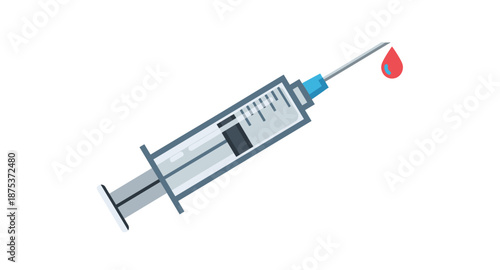 Medical syringe with a drop of blood falling from its needle, isolated on white background