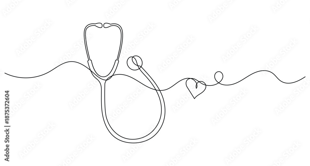 Obraz premium Continuous line drawing of a medical stethoscope and heart symbol on white background