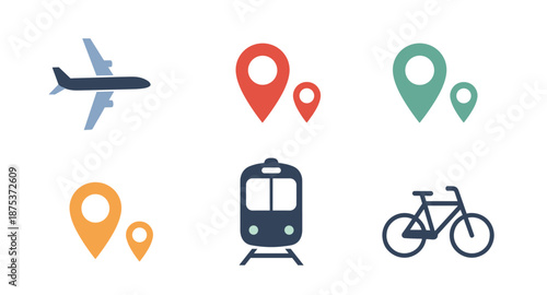 Collection of transportation and location icons including airplane, train, bicycle, and map pins