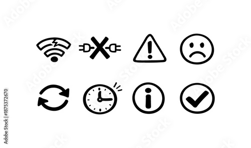 Set of simple black icons representing common status and alert symbols