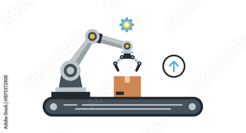Automated robotic arm on conveyor belt picking up a cardboard box for production
