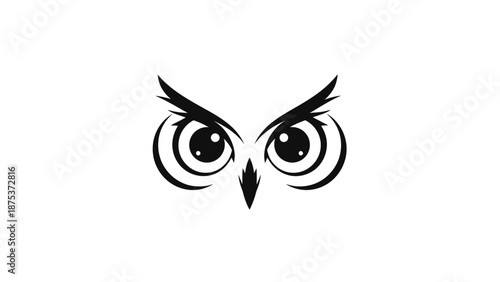 Stylized owl eyes and beak in black and white.