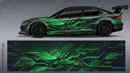 Side view of a black sports car with a striking green and black digital circuit board graphic decal design, shown alongside the flat pattern.