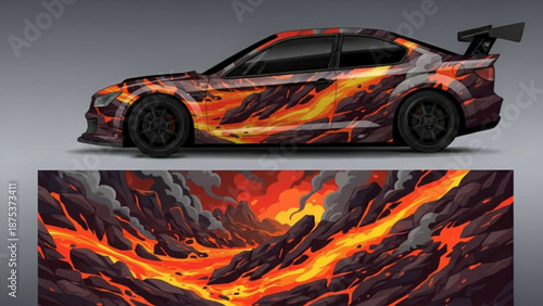 Custom car wrap design featuring a vibrant volcanic lava flow pattern on a sports car, with a detailed graphic of the fiery landscape.