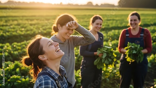 Close-up of diverse female farmers with soil-covered hands laughing together in a sun-drenched organic plantation field.