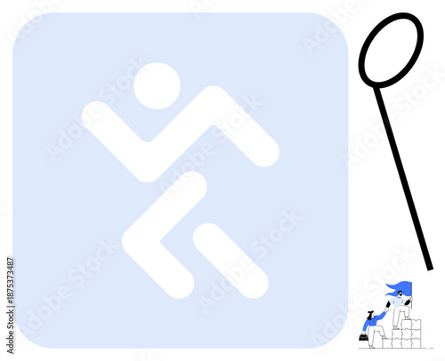 Fitness, physical activity, labor, teamwork, exercise, construction. Abstract running figure in blue square. Cartoon worker chiseling blocks next to a stick. Fitness and physical activity concept