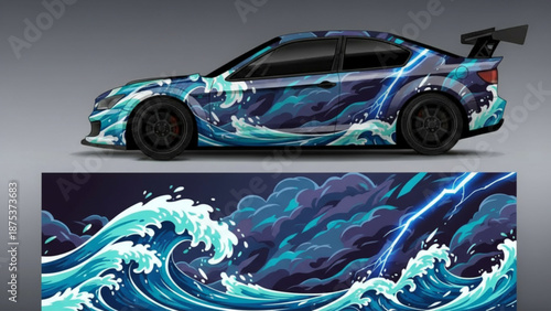 Custom car wrap design featuring dynamic ocean waves and lightning bolts.