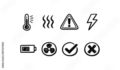 Hand-drawn icons for temperature, heat, warning, electricity, battery, fan, checkmark, and cross