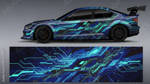 A sports car with a futuristic blue circuit board graphic decal design.