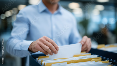 Close-up of hands sorting and organizing paper files into labeled folders, modern office background softly blurred, concept of efficiency, structure, and workplace organization