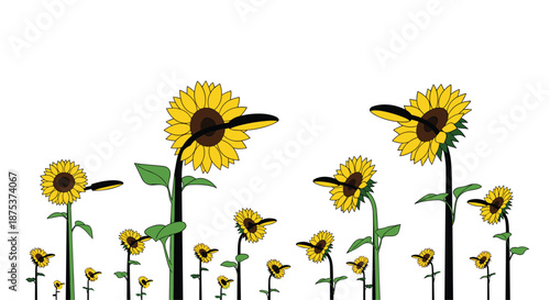 Vibrant sunflowers standing tall in a field with lush green leaves, Generative AI.