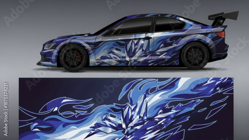 Blue sports car with dynamic abstract flame-like graphic wrap design, showcasing the full vehicle and a detailed view of the pattern.