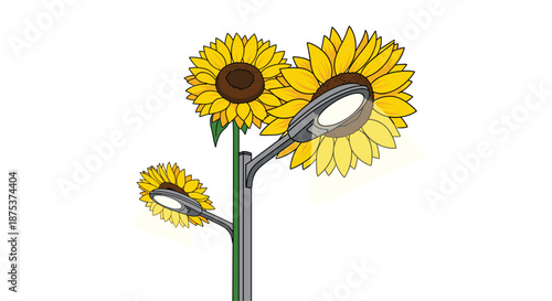 Vibrant sunflowers growing near modern streetlights in urban garden, Generative AI.