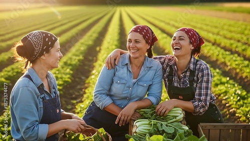 Close-up of diverse female farmers with soil-covered hands laughing together in a sun-drenched organic plantation field.