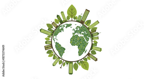 Eco friendly earth with green leaves and city buildings around it, Generative AI.