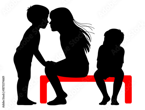 A silhouette illustration of a woman and two children sitting on a red bench