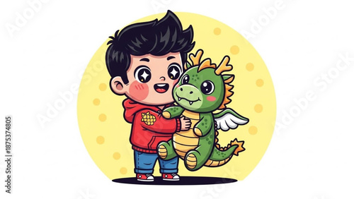 Happy Boy Holding Little Green Dragon Mascot