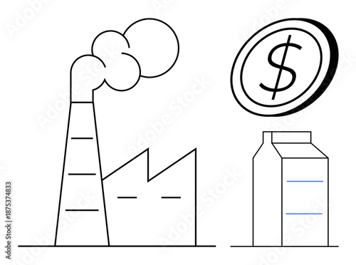 Business growth, economy, production processes, industrialization, manufacturing investment, profitability. Factory with a chimney and a dollar coin above a package. Economy and production processes