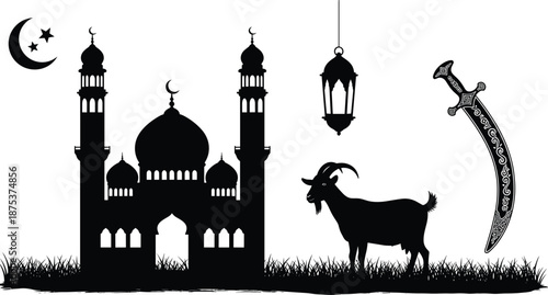 Eid al Adha Islamic silhouette illustration featuring mosque, goat, lantern, crescent moon, and traditional sword for religious celebration design