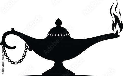 Magic genie lamp silhouette with burning flame, Aladdin fairy tale symbol illustration for fantasy stories, wishes concept, and mystical design use