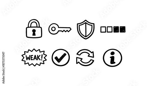 Hand-drawn security and information icons including lock, key, shield, and password fields