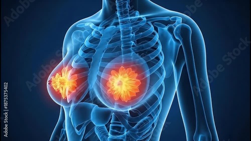 Female breast anatomy glowing orange, 3d Medical illustration, women's health, breast cancer. Dark blue background, blue glowing lines	