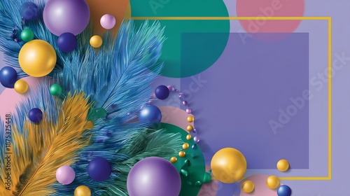 Mardi Gras abstract carnival banner with colorful feathers and modern geometric shapes in purple, green, and gold tones, ideal for event promotion, party invitations, and website headers