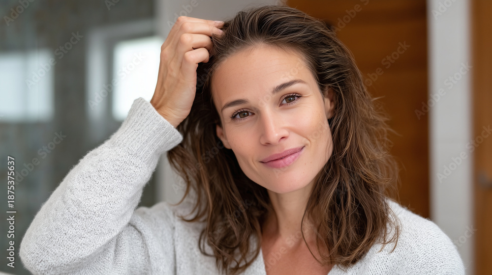 Fototapeta premium Brunette woman examining her hairline in a mirror, fingers lifting strands to check scalp visibility, calm indoor setting, realistic portrayal of female hair thinning issue