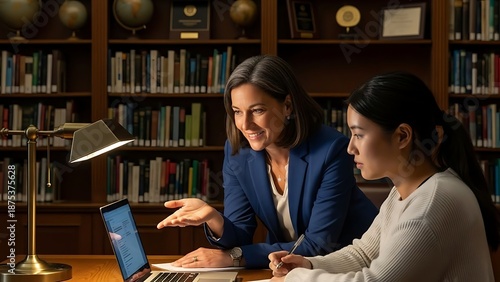Side View of Successful Mentor Guiding a Female Associate in a Library with Bookshelves Background